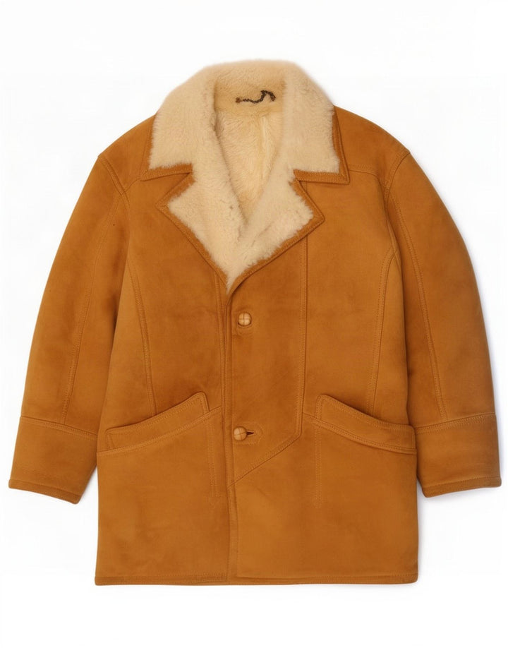 vintage Mens Shearling Overcoat IT 48 Cuir Beige Moyen