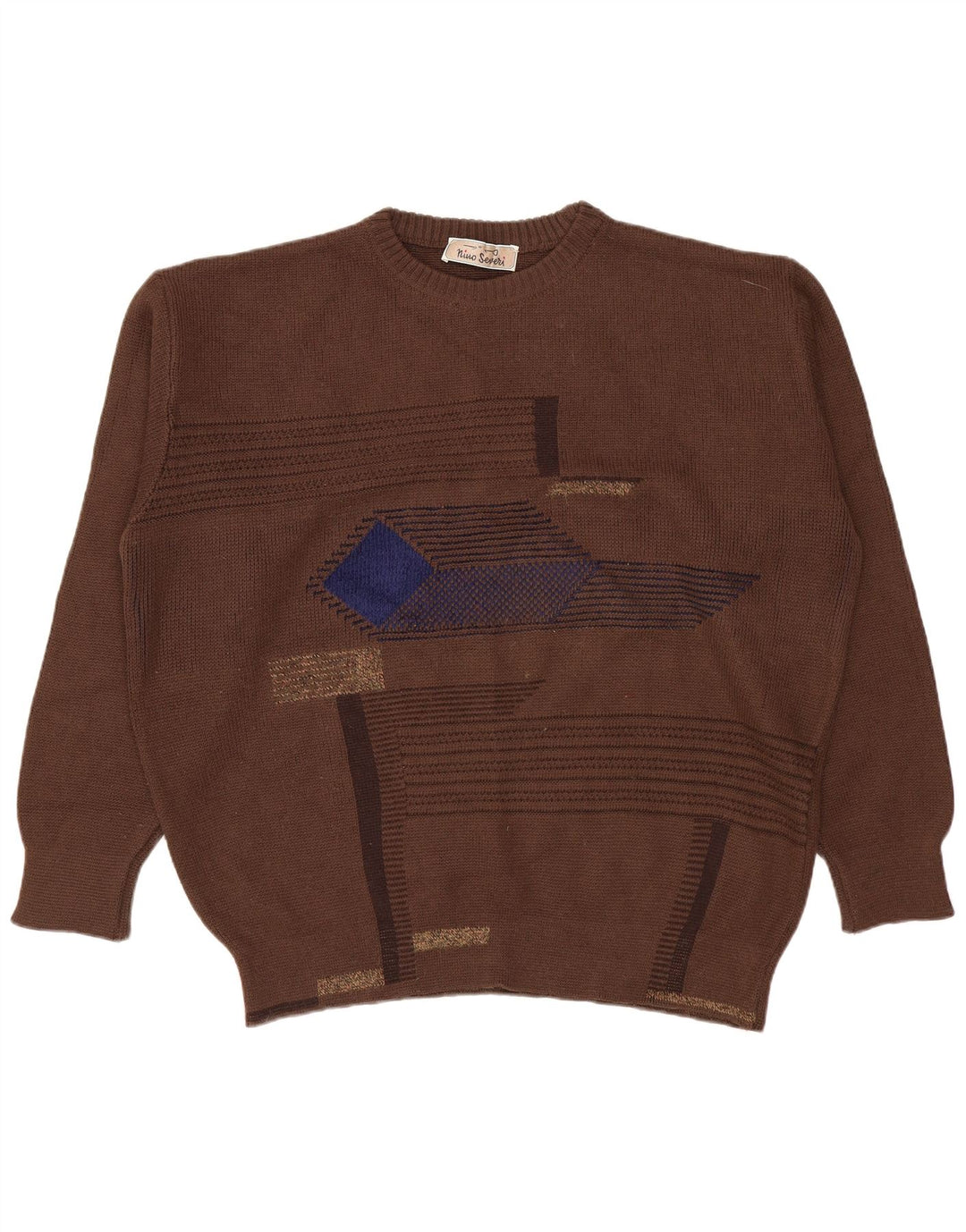 vintage Mens Crew Neck Jumper Pull Grand Marron Géométrique