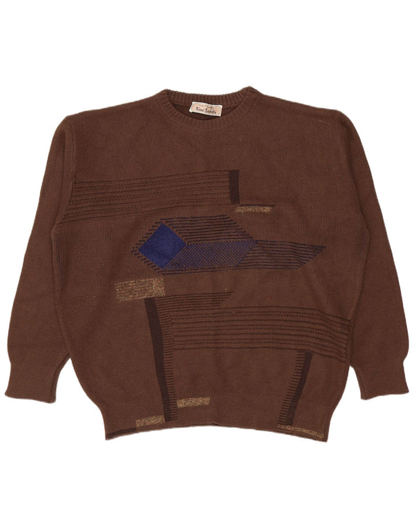 vintage Mens Crew Neck Jumper Pull Grand Marron Géométrique