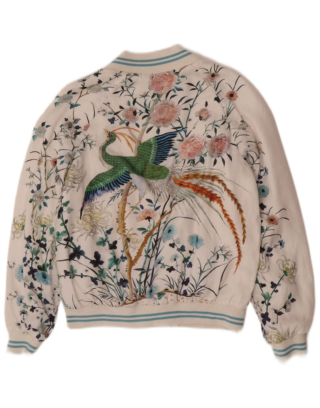 Zara Womens Graphic Bomber Jacket UK 6 XS Blanc Floral Polyester