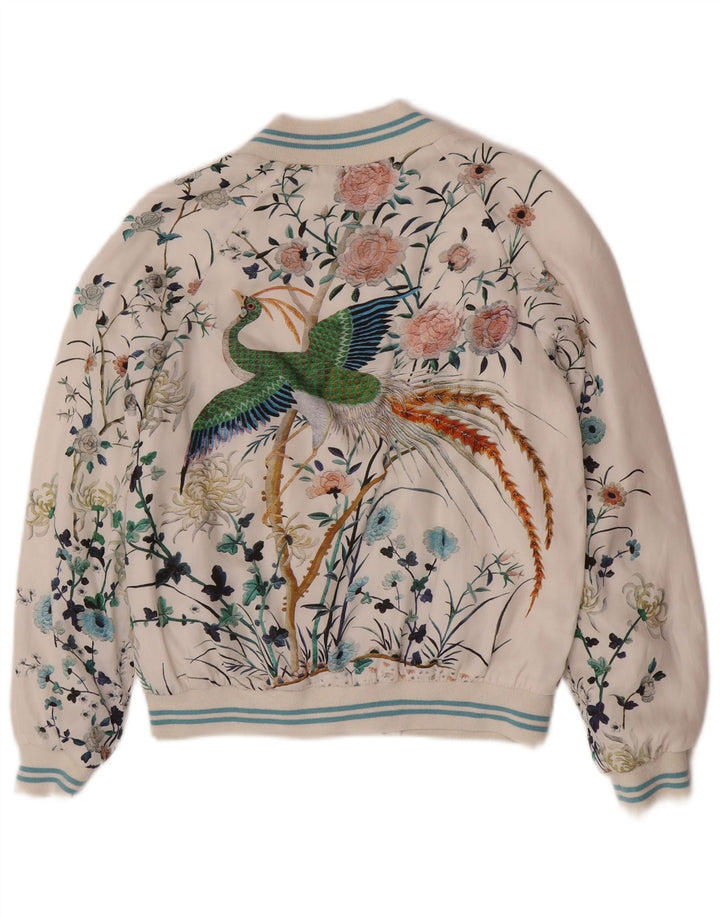 Zara Womens Graphic Bomber Jacket UK 6 XS Blanc Floral Polyester