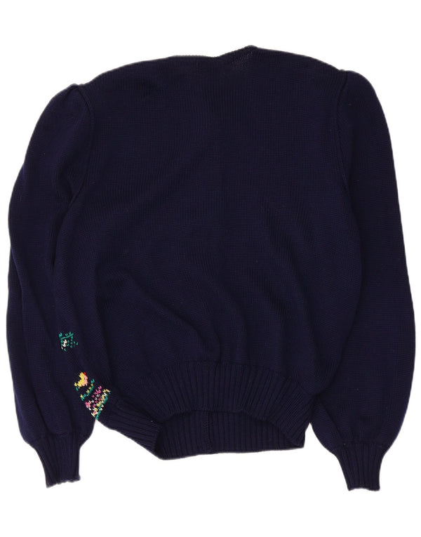 vintage Femme Graphique Cardigan Pull IT 46 Grande Laine Vierge Bleu Marine