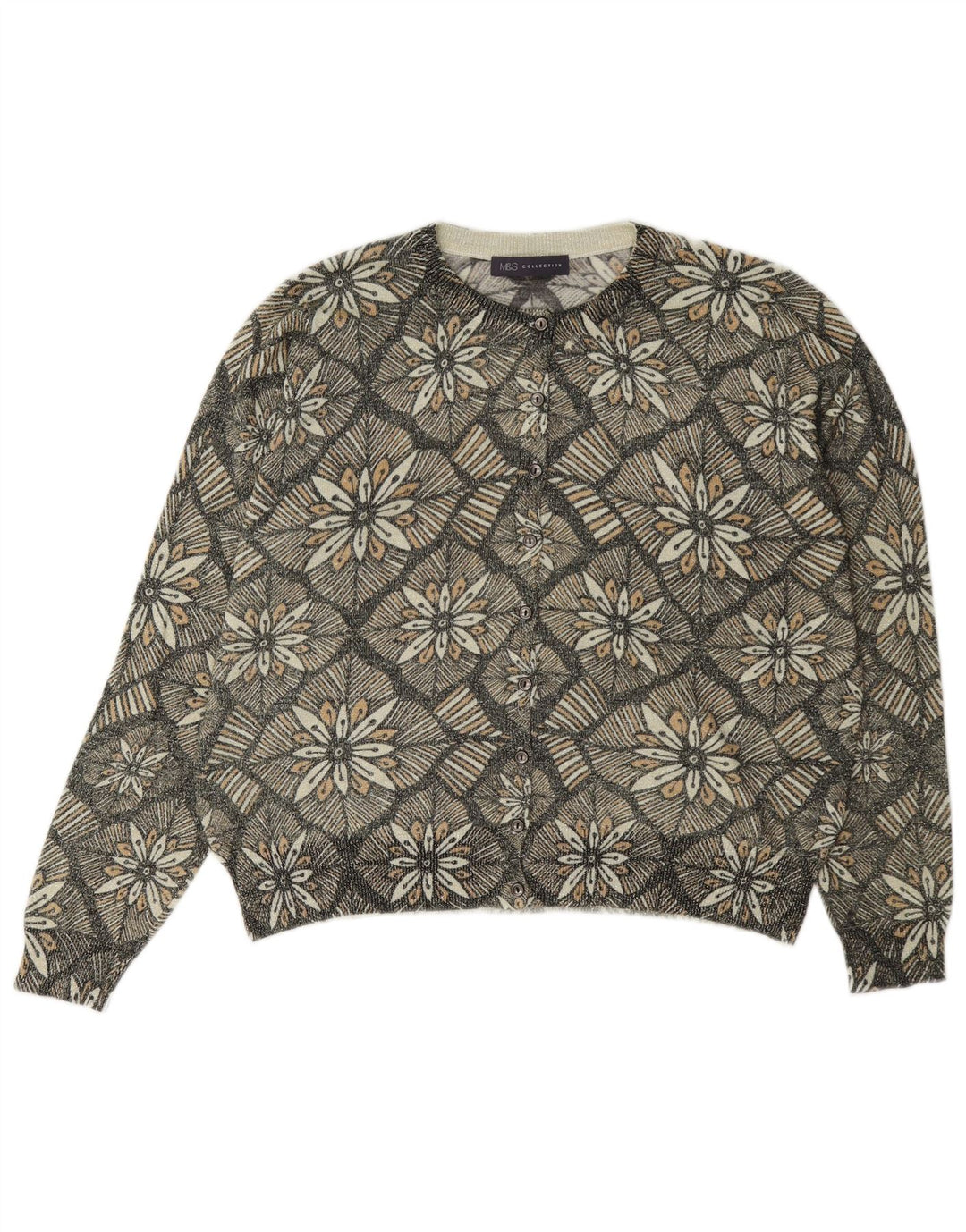 Marks & Spencer Pull Cardigan pour Femme UK 14 Gris Moyen Floral Classique