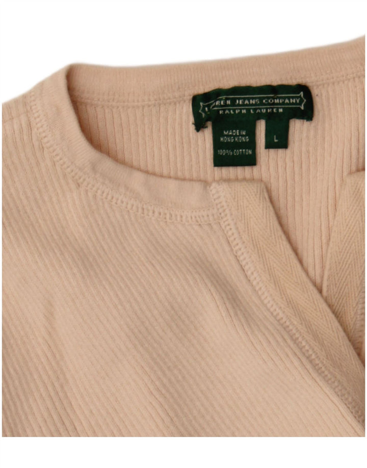 RALPH LAUREN Pull à manches 3/4 et col en V pour femme UK 14 Large Beige