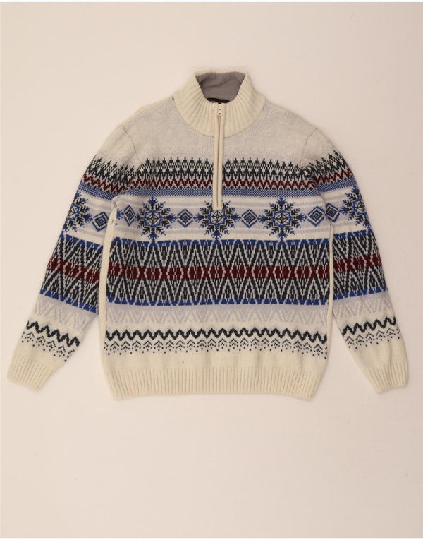 ATLAS FOR MEN Mens Zip Neck Jumper Sweater Large White Fair Isle Acrylic