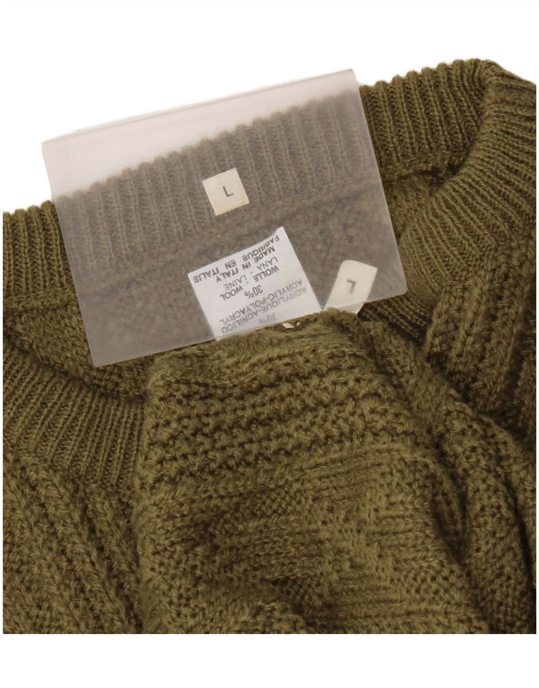 vintage Mens Crew Neck Jumper Pull Grand Kaki Acrylique