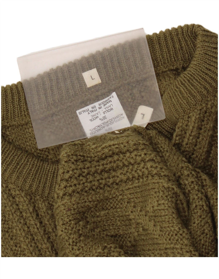 vintage Mens Crew Neck Jumper Pull Grand Kaki Acrylique