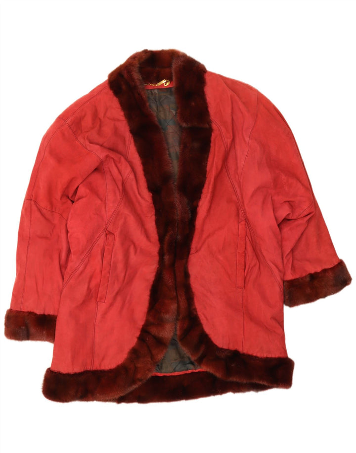 VINTAGE Manteau surdimensionné en daim ouvert pour femme IT 44 Cuir rouge moyen