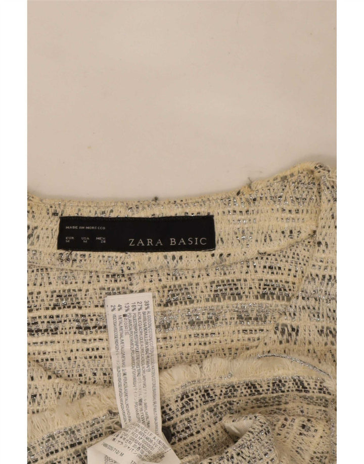 Zara Womens Open Bolero Jacket UK 12 Medium Off White Géométrique Coton