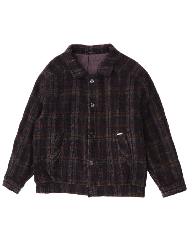 vintage Mens Bomber Jacket UK 36 Petit Bleu Marine Check New Wool
