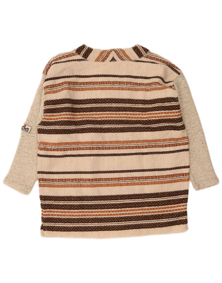 vintage Homme Manches 3/4 Bouton Col Pull Pull Rayé Beige Moyen