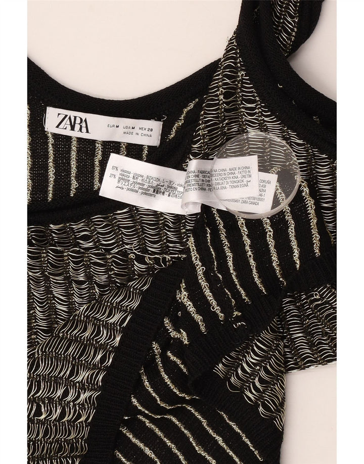 Zara Womens Crop Vest Top UK 12 Medium Noir Rayé Viscose