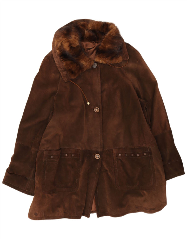 vintage Femmes Surdimensionné Suède Pardessus IT 46 Grand Cuir Marron
