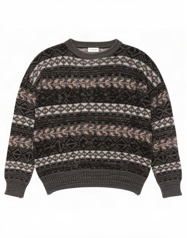 vintage Mens Crew Neck Jumper Pull XL Gris Fair Isle