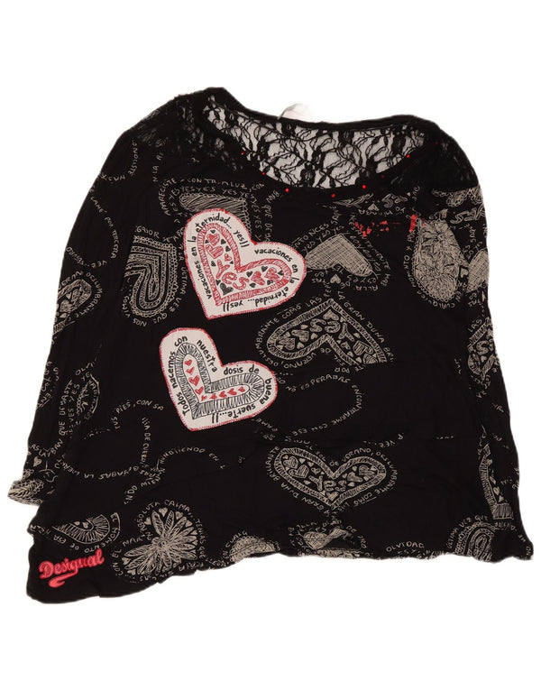 Desigual Womens Graphic Blouse Top UK 12 Medium Noir Coeur Géométrique