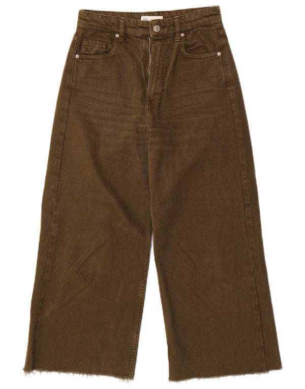Zara Jean court taille haute jambe large pour femme US 00 2XS W22 L23 coton kaki
