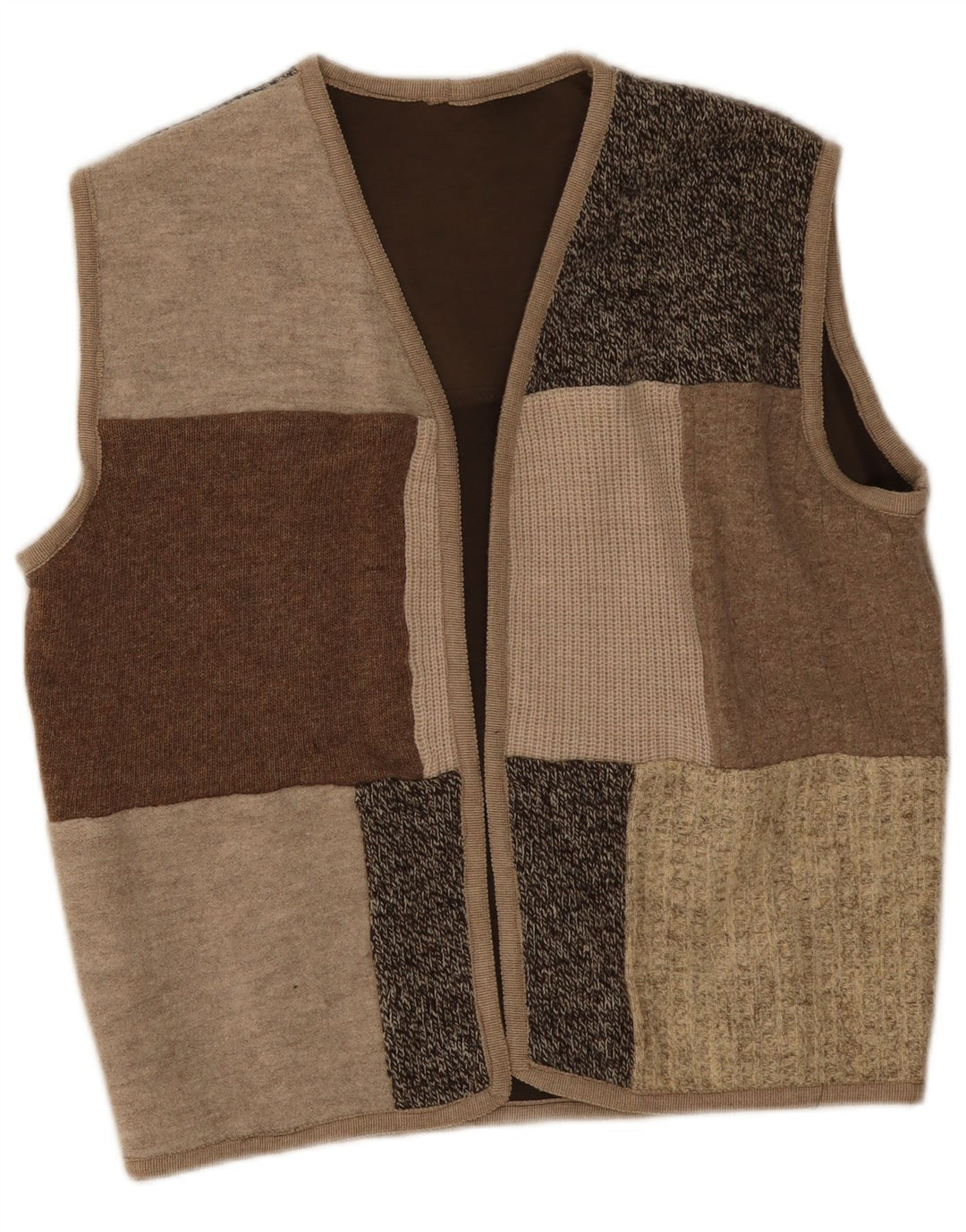 vintage Femmes Sans Manches Ouvert Cardigan Pull UK 16 Grand Beige Patchwork