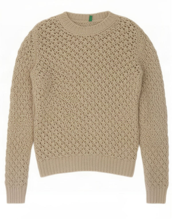 Benetton Pull transparent à col rond pour femme UK 16 Large Beige
