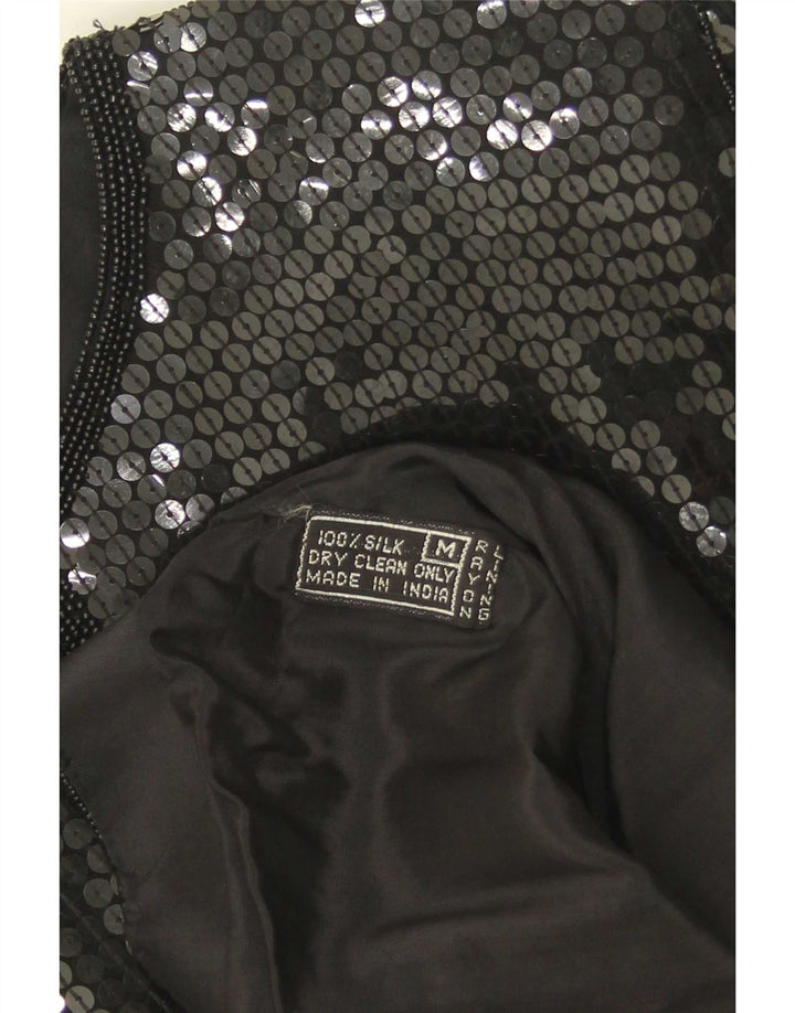 Chemisier chemise à paillettes femme vintage UK 14 soie noire moyenne