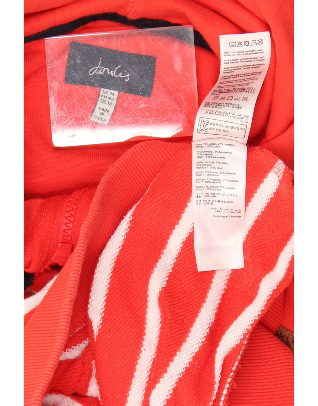 JOULES Pull à capuche court coupe ample avec fermeture éclair pour femme UK 14 Grand rayé rouge