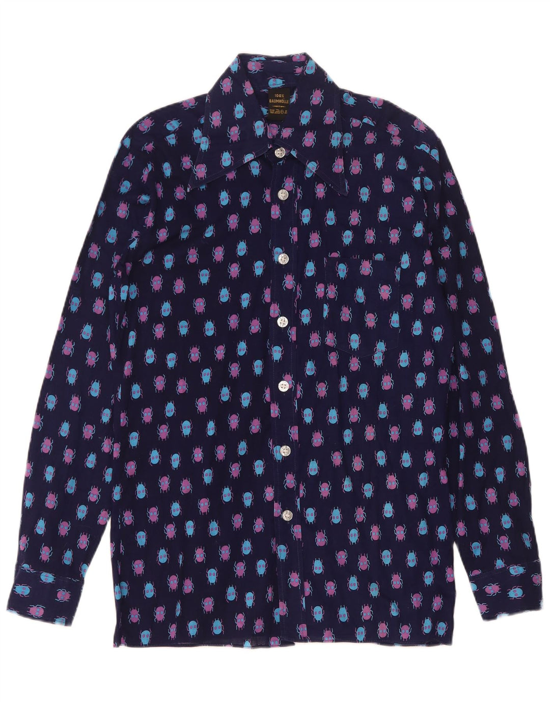 vintage Mens Abstract Pattern Shirt Taille 37 Petit Coton Bleu Marine
