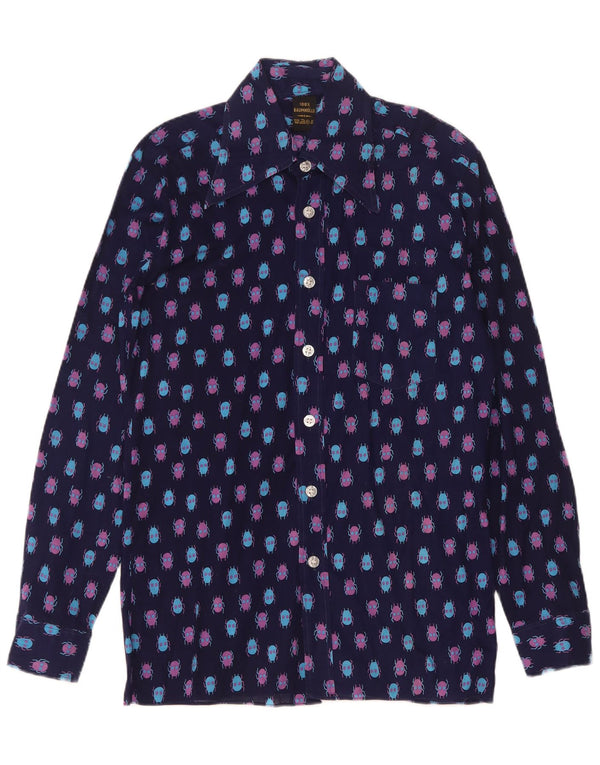 vintage Mens Abstract Pattern Shirt Taille 37 Petit Coton Bleu Marine