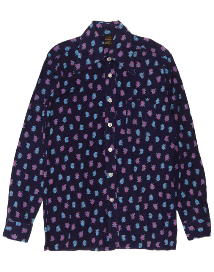 vintage Mens Abstract Pattern Shirt Taille 37 Petit Coton Bleu Marine