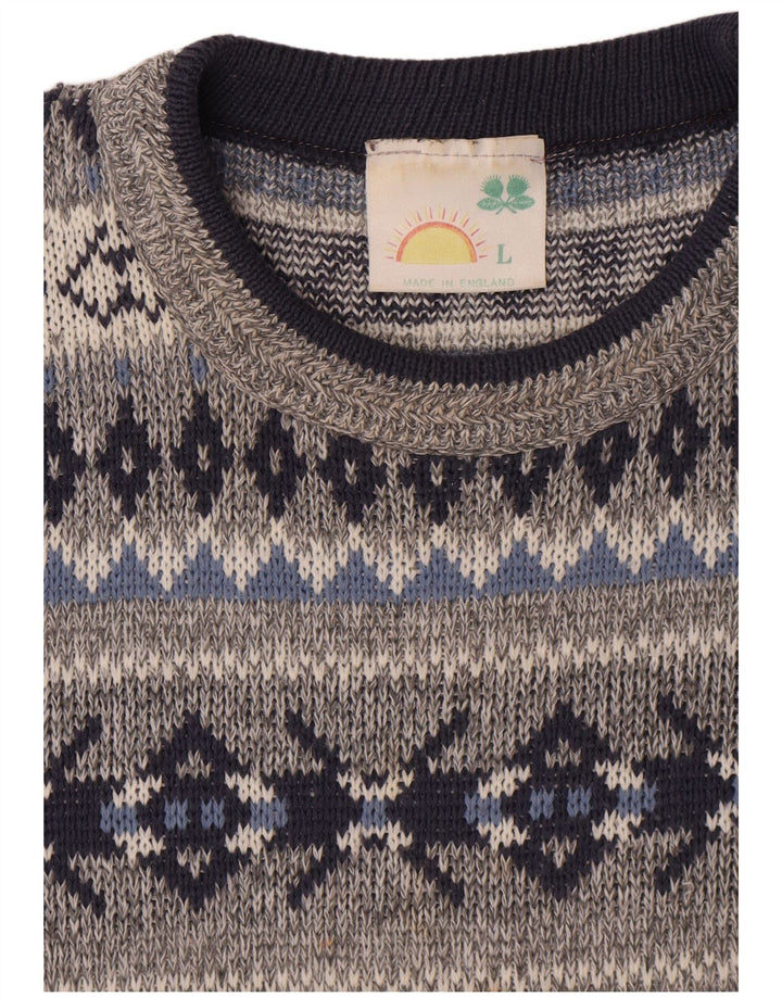 vintage Mens Crew Neck Jumper Pull Grand Gris Fair Isle