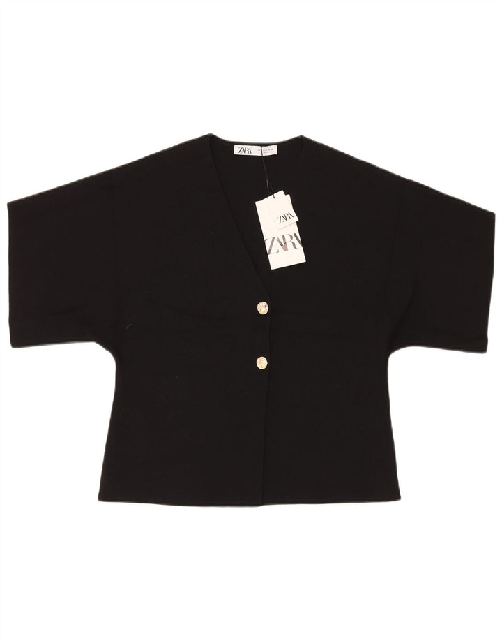 Zara Womens Short Sleeve Crop Top UK 12 Medium Noir Polyester
