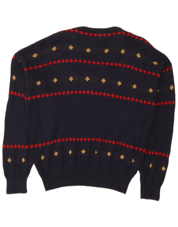 vintage Mens V-Col Jumper Sweater EU 38 Petit Bleu Marine Géométrique