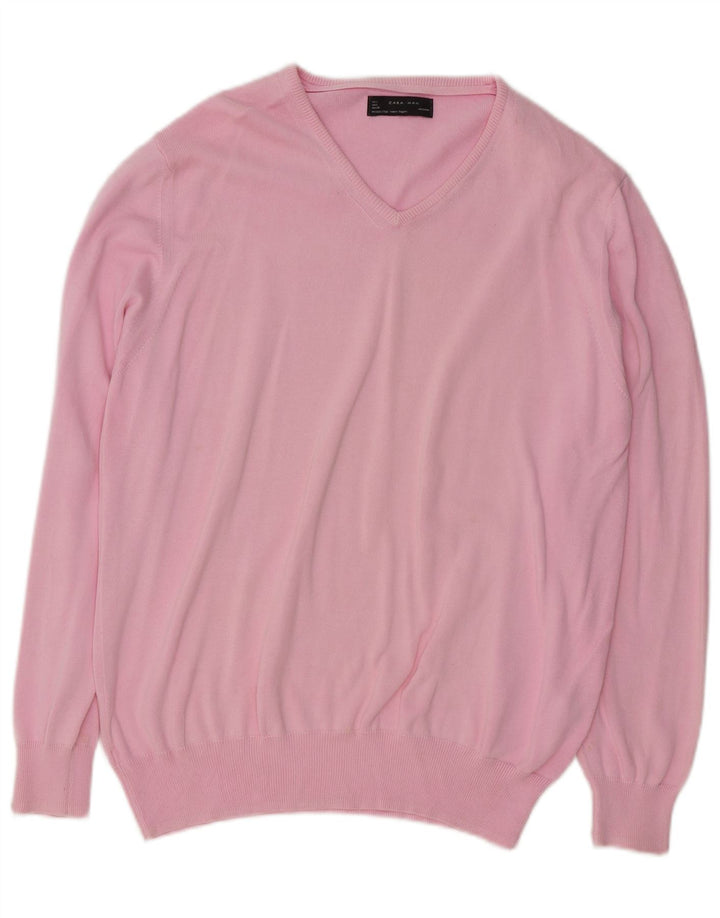 Zara Pull col V pour homme en coton rose Large