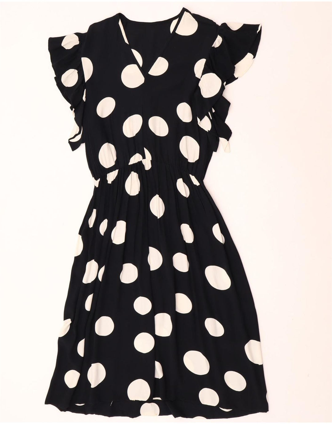 vintage Femme Robe A-Line UK 12 Moyen Noir À Pois