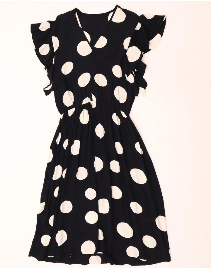 vintage Femme Robe A-Line UK 12 Moyen Noir À Pois