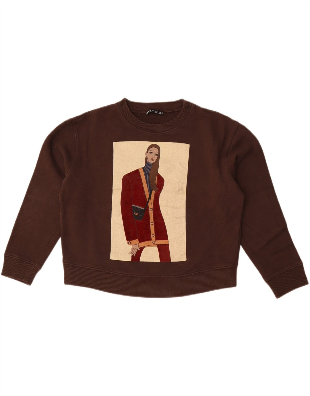 Zara Womens Crop Graphic Sweat-shirt surdimensionné UK 10 Petit Marron