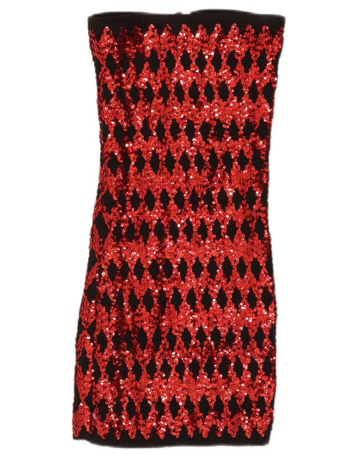 vintage Femmes Sequin Bustier Top UK 14 Grand Rouge Géométrique