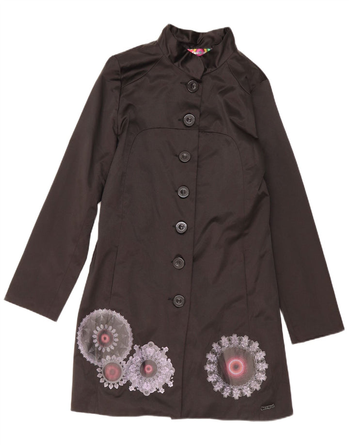 Desigual Womens Graphic Overcoat EU 42 Large Noir Floral Coton
