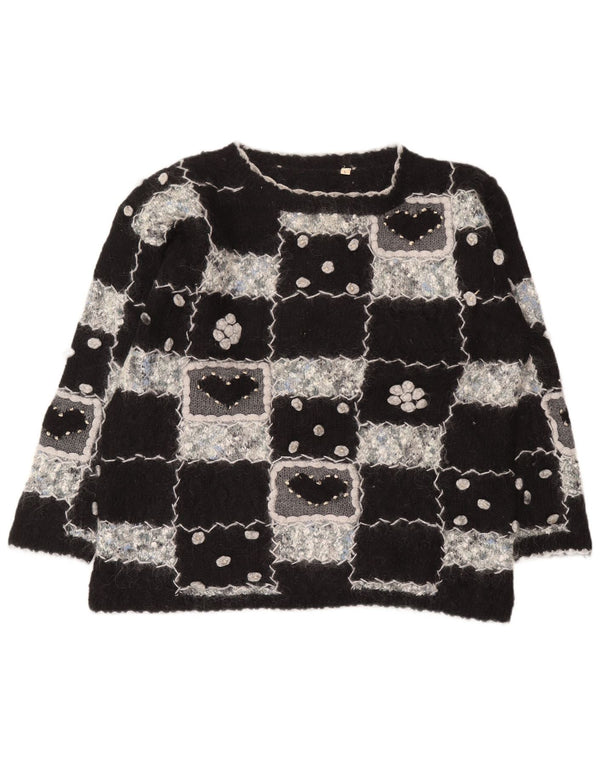 vintage Womens Boat Neck Jumper Sweater UK 16 Grand Mohair Géométrique Noir