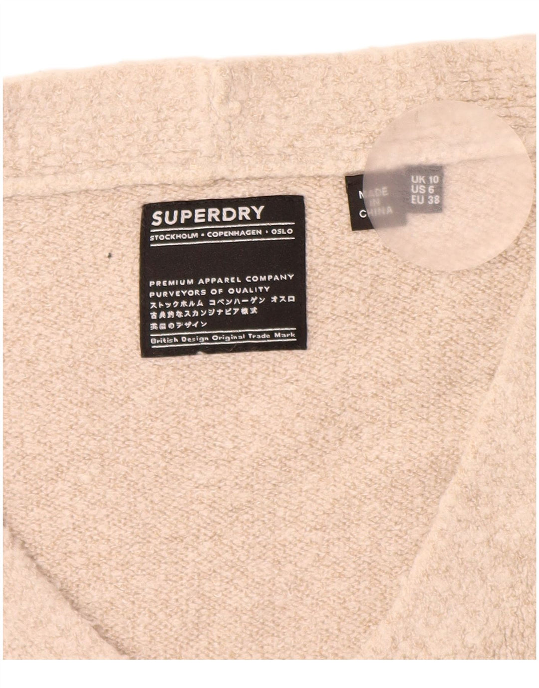 SUPERDRY Pull surdimensionné à col en V pour femme UK 10 Petit Acrylique Beige