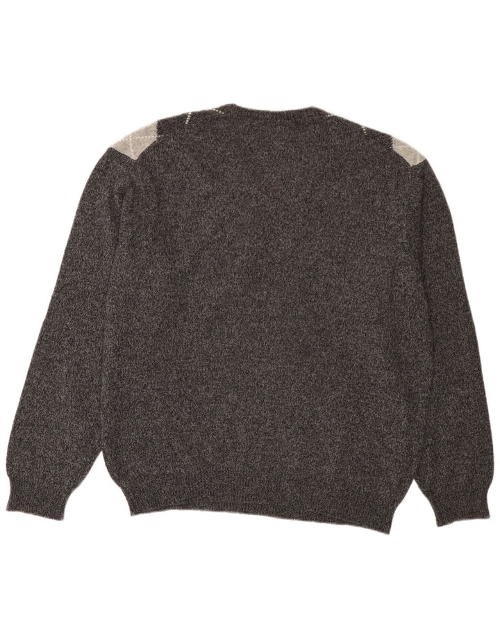 BENETTON Pull col V pour homme en laine gris à losanges/diamants