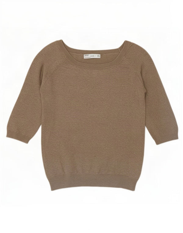 Zara Womens Short Sleeve Boat Neck Jumper Sweater UK 16 Large Beige Cotton