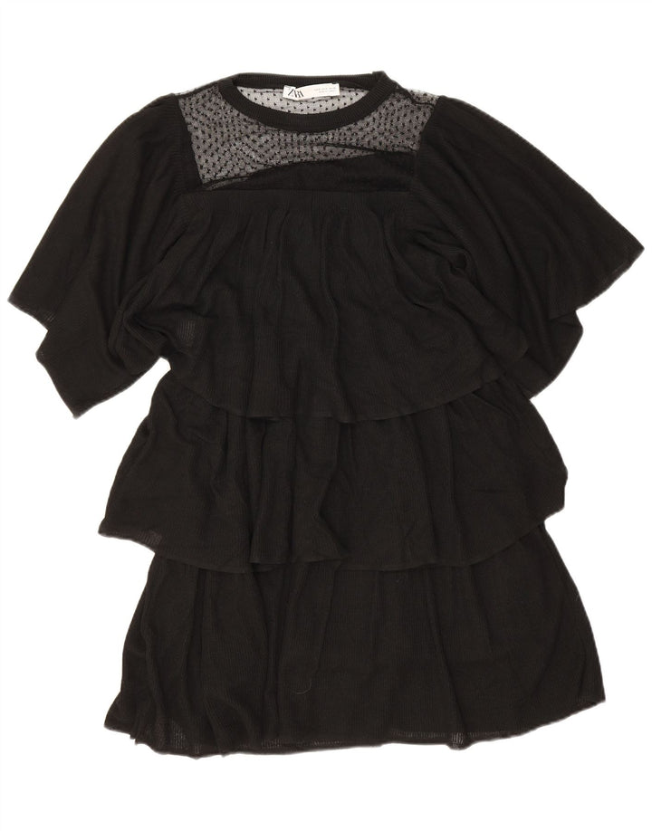 Zara Femme Robe à Volants UK 10 Petite Viscose Noire