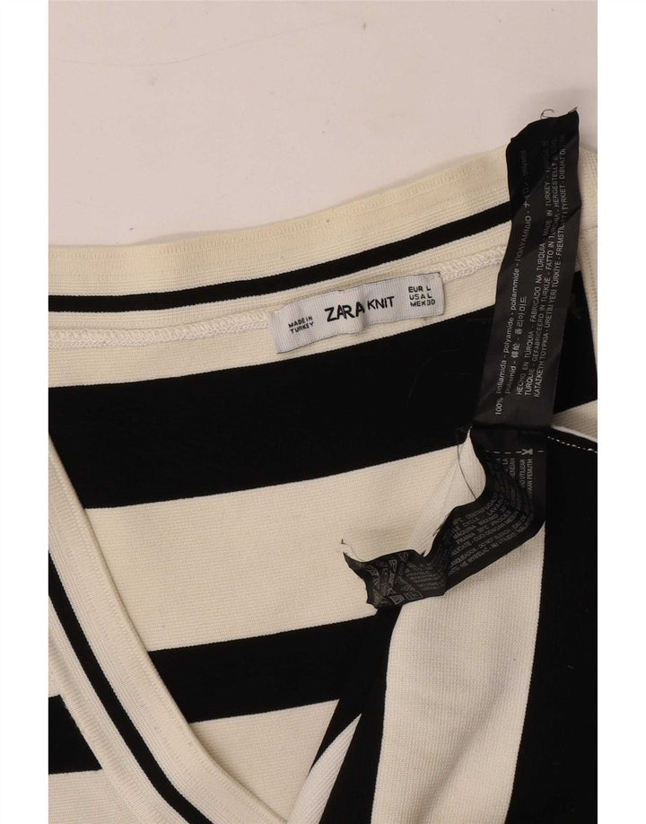 Zara Femme Top Manches 3/4 UK 14 Grand Blanc Rayé Polyamide