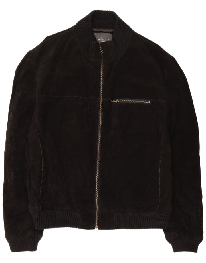 vintage Mens Suede Bomber Jacket UK 44 2XL Cuir Noir