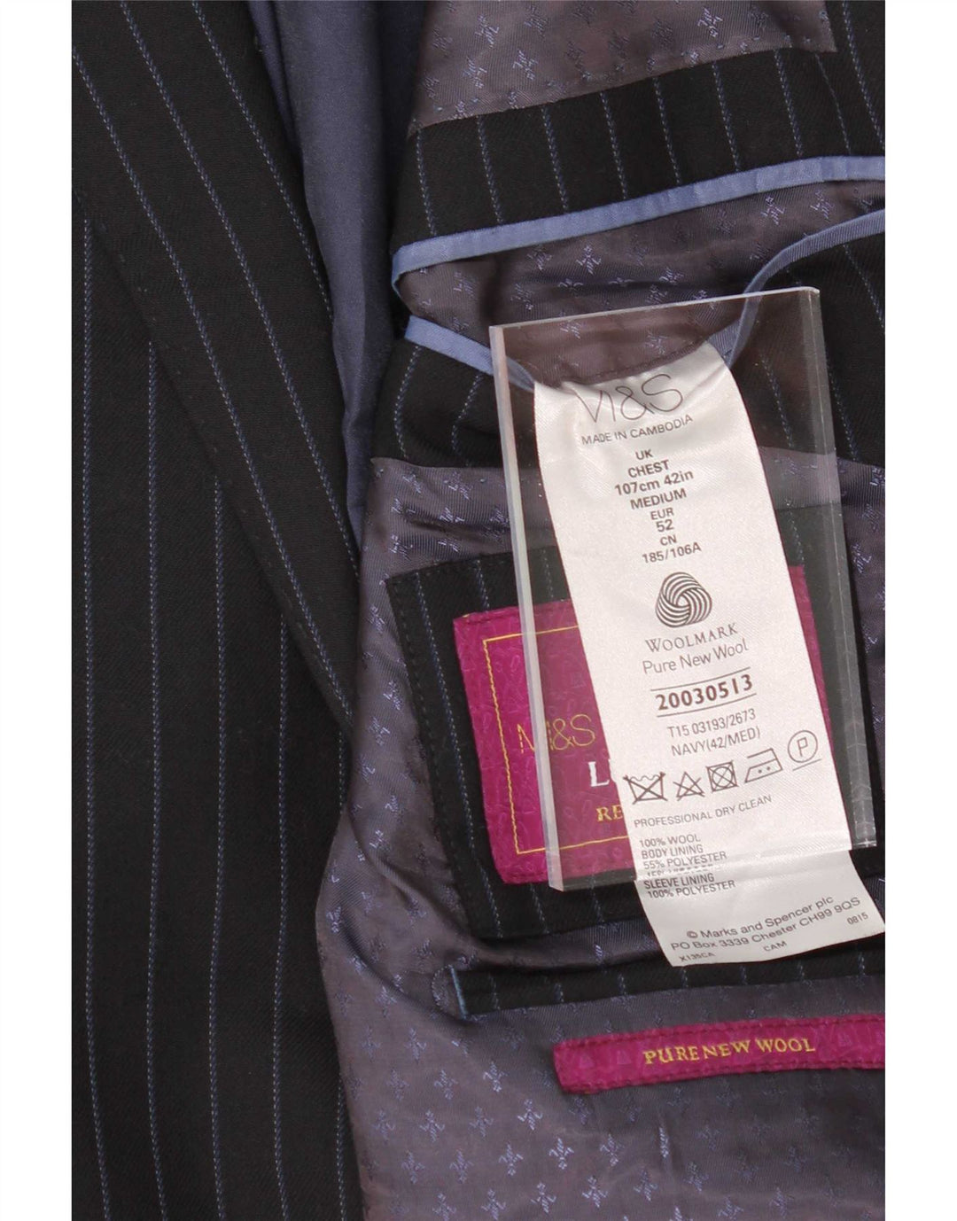 Marks & Spencer Veste blazer à 2 boutons pour homme UK 42 Large Bleu marine à fines rayures