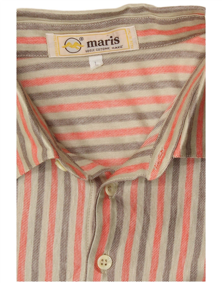 vintage Mens Manches Courtes Pull Chemise Grand Coton Rayé Beige