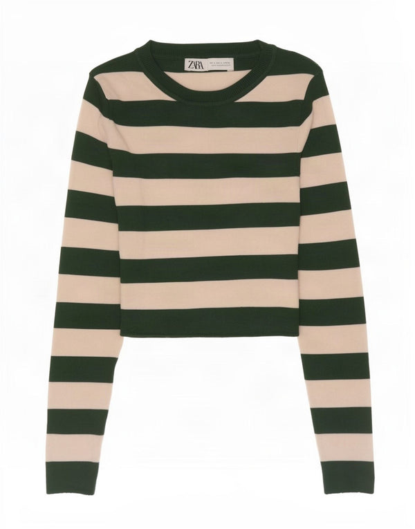 Zara Womens Crop Top Manches Longues UK 8 Petite Viscose Rayée Verte