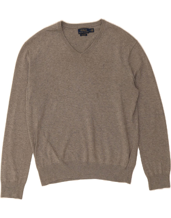 POLO RALPH LAUREN Mens V-Neck Jumper Sweater Medium Grey Cotton