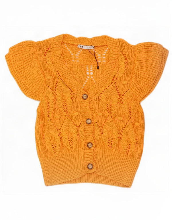 Zara Cardigan à manches courtes pour femme UK 14 Grand coton jaune