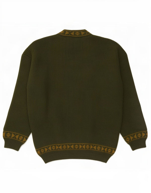Vintage Pull col rond pour homme en laine géométrique vert moyen