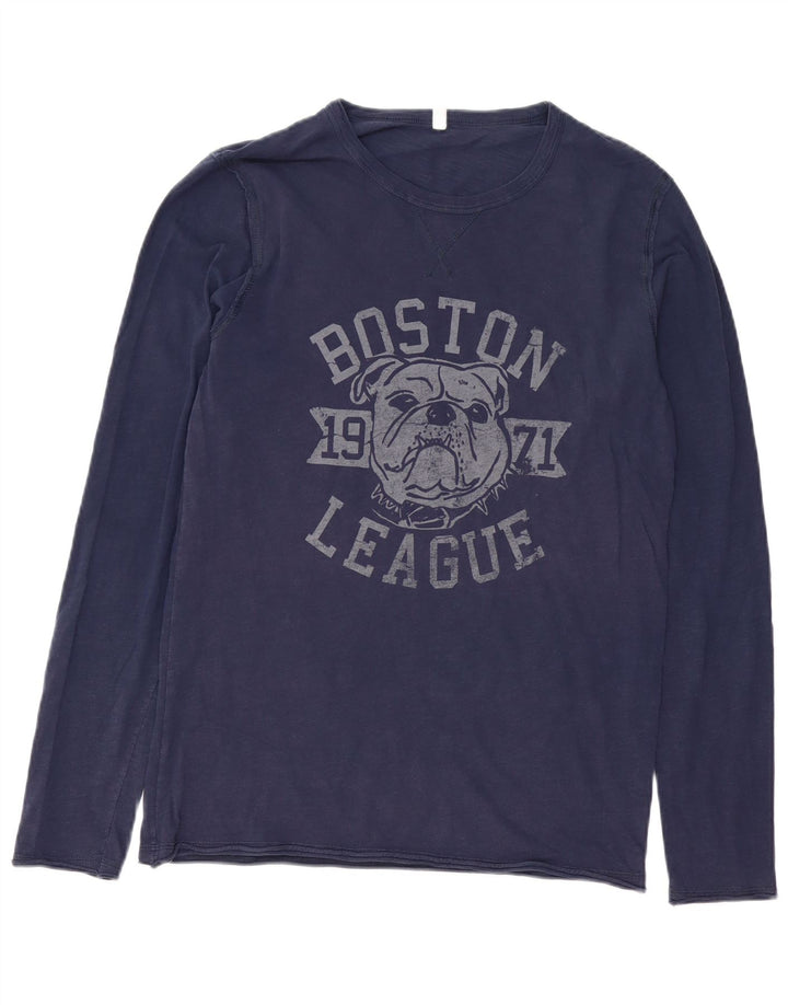 Benetton Haut Graphique Manches Longues Homme Bleu Marine Moyen Coton